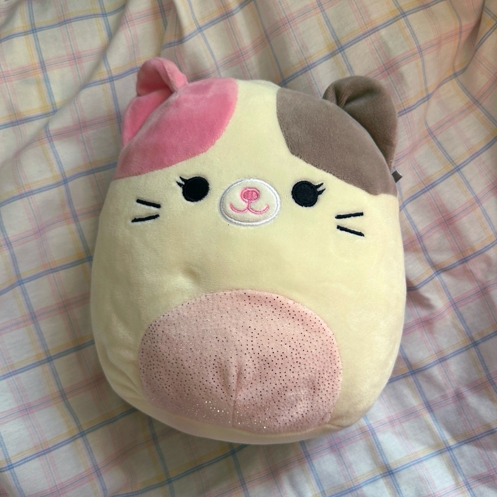 Squishmallow 7” Karina the Calico Cat Sparkly Belly Pink Gray White